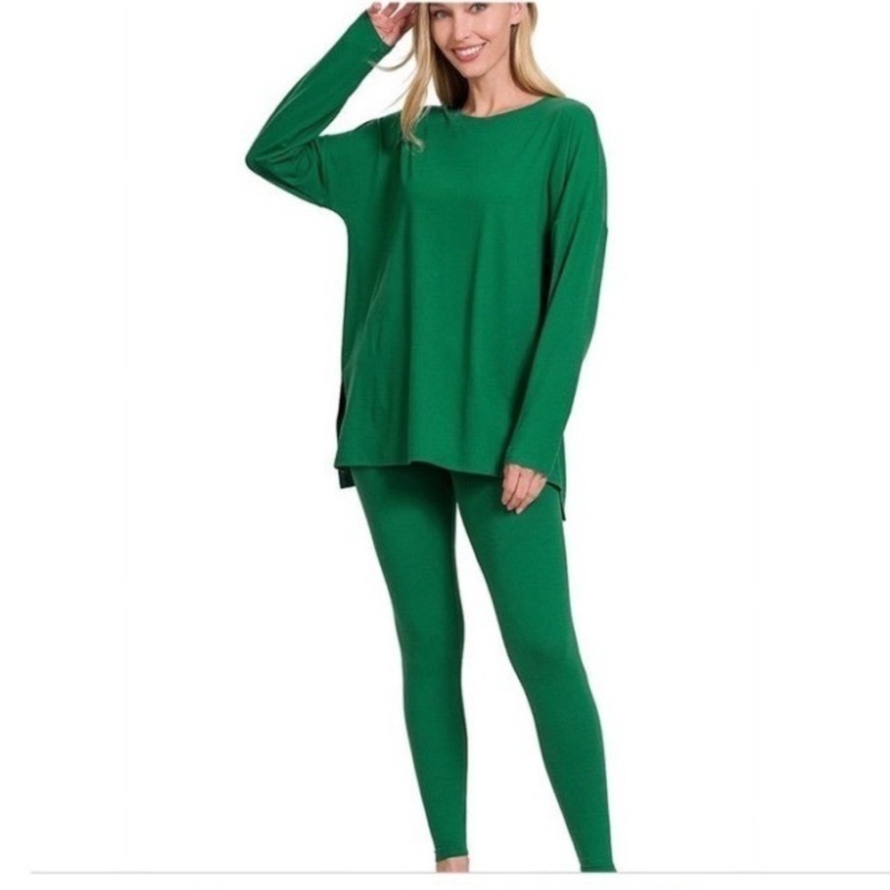 NEW Zenana Small Dark Green Long Sleeve Crew Neck Loungewear Set Leggings Soft